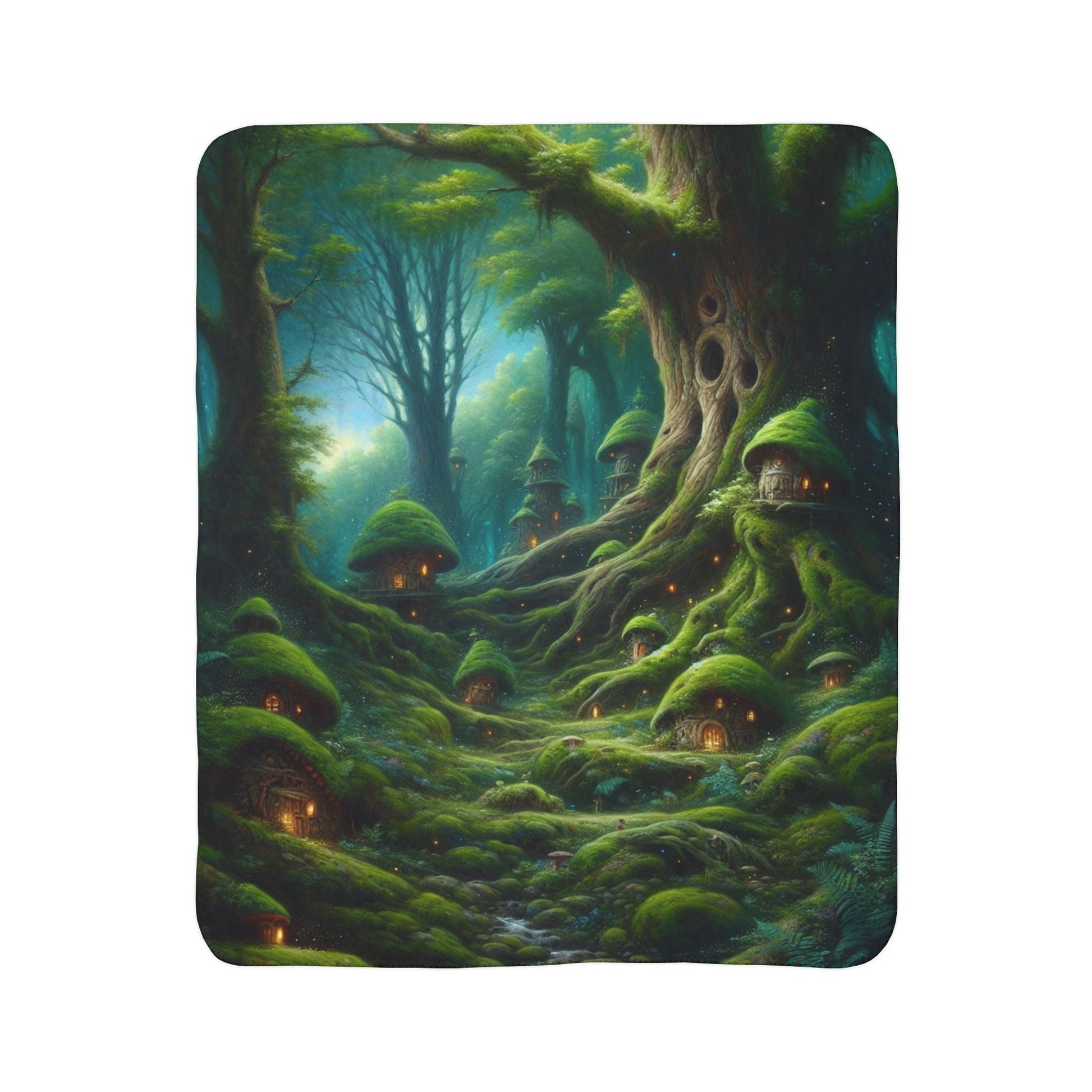 LuckeLadybug whimsical woodland themed blanket with enchanted forest design and glowing tree houses