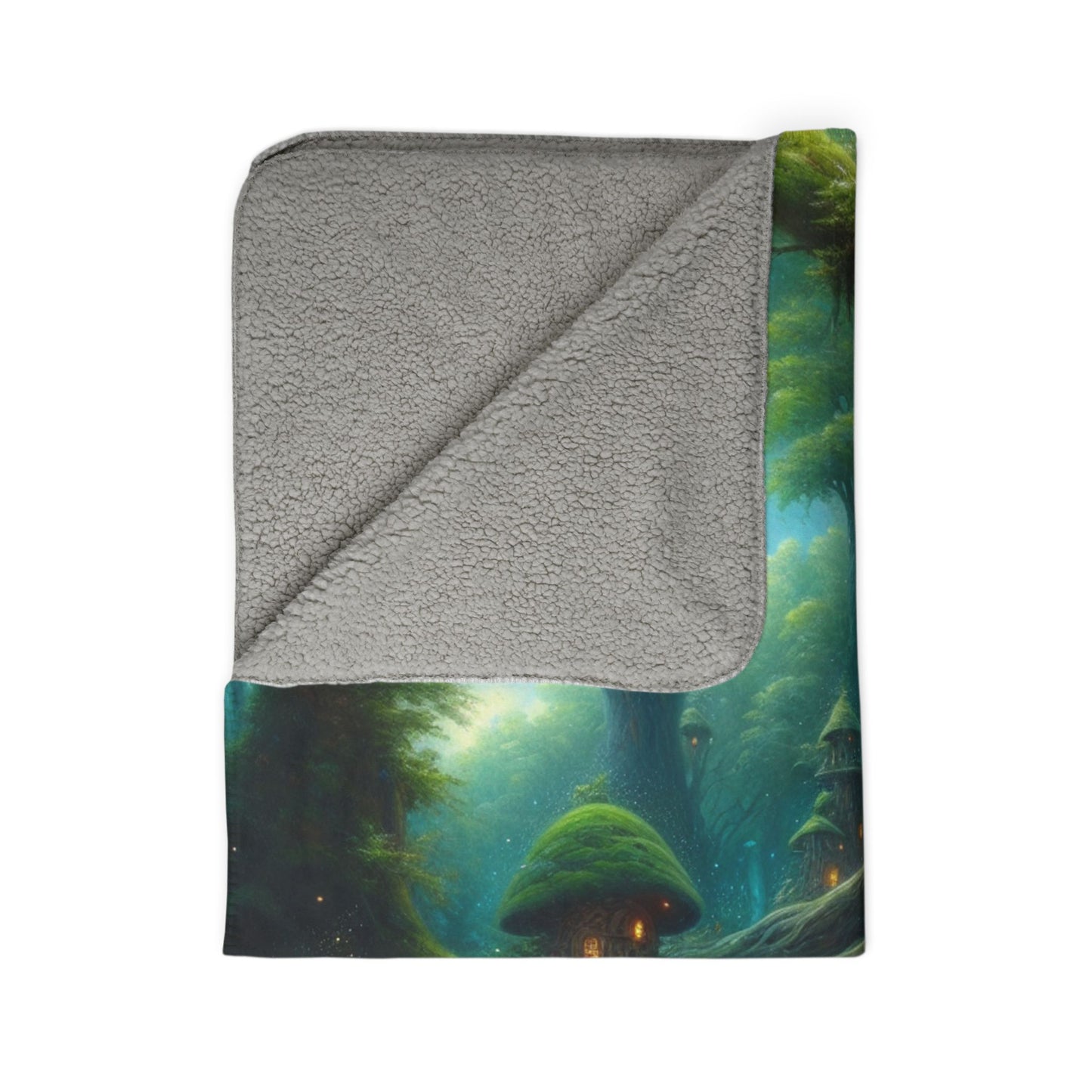 LuckeLadybug sherpa blanket with whimsical woodland themed blanket design and soft gray fleece backing