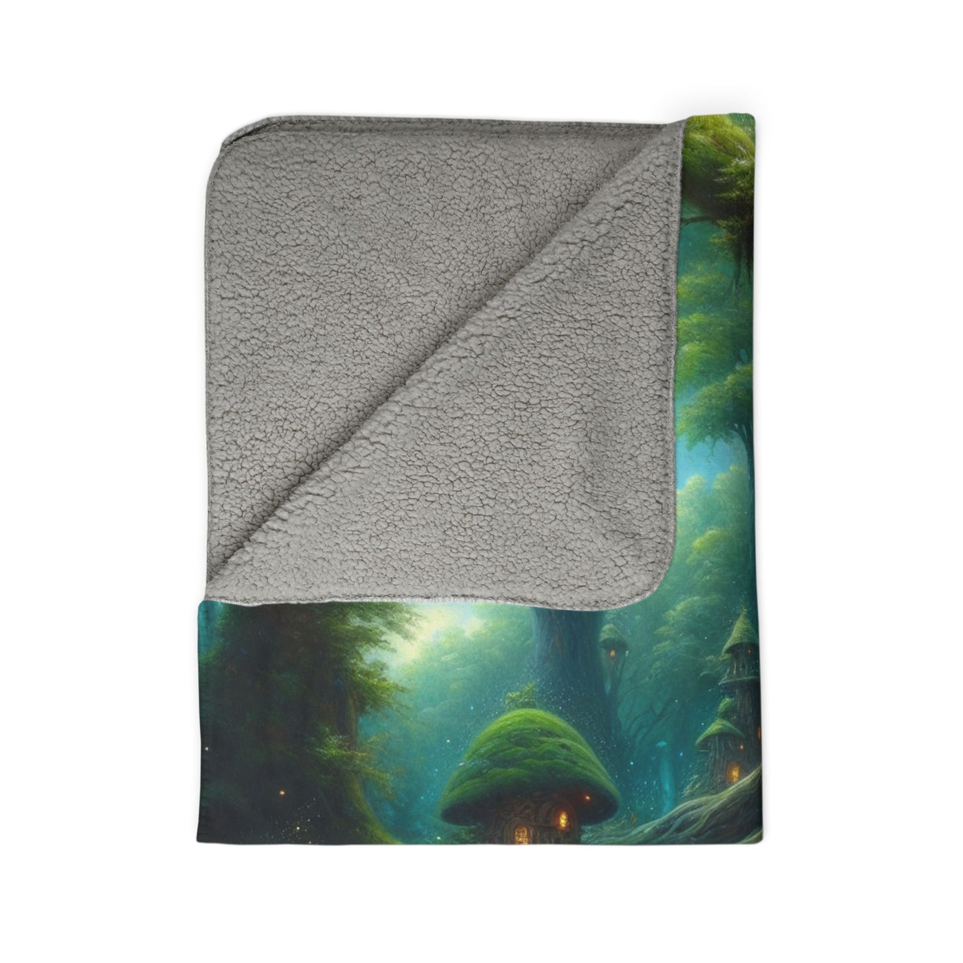 LuckeLadybug sherpa blanket with whimsical woodland themed blanket design and soft gray fleece backing