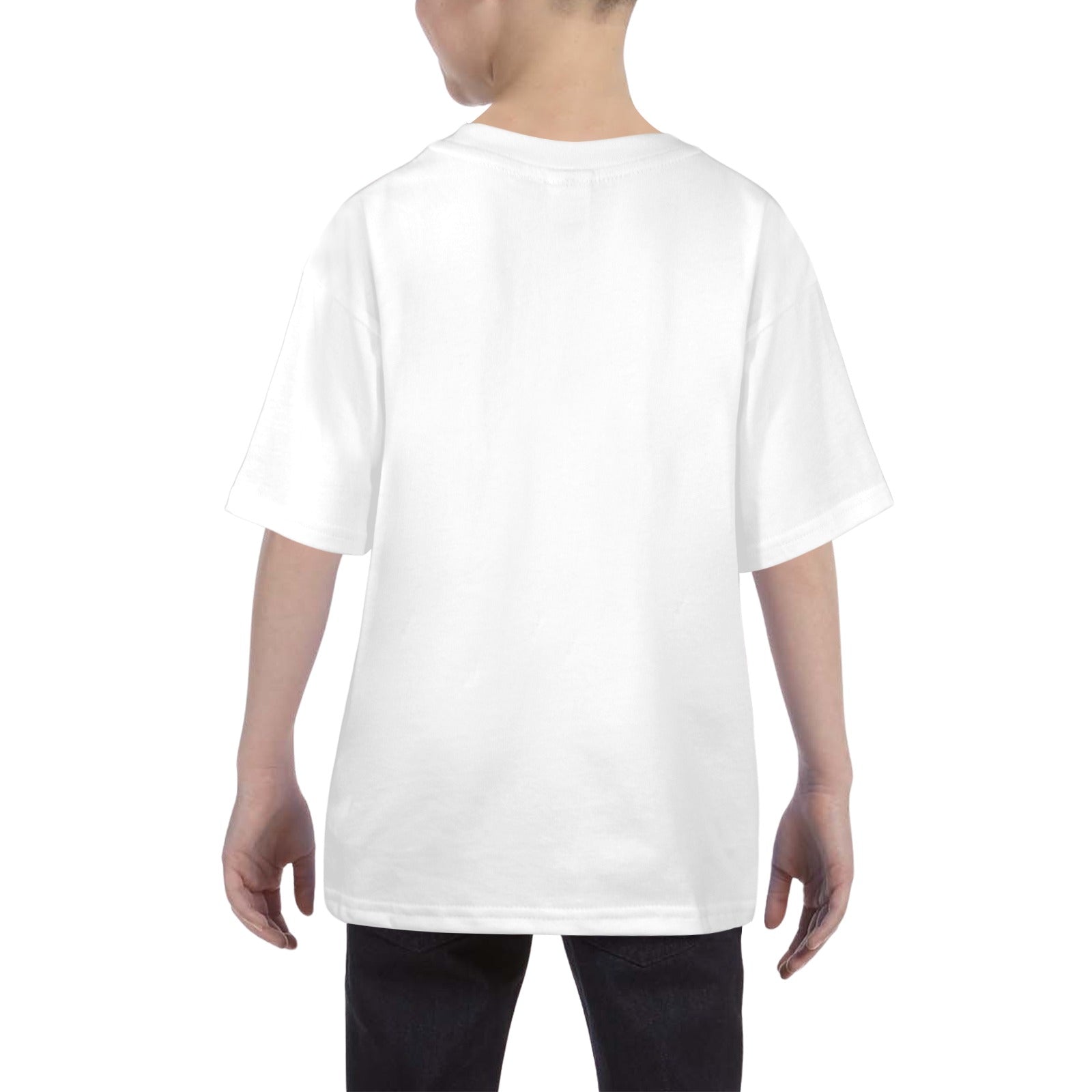 Back view of a child wearing white bunny print kids shirt with short sleeves