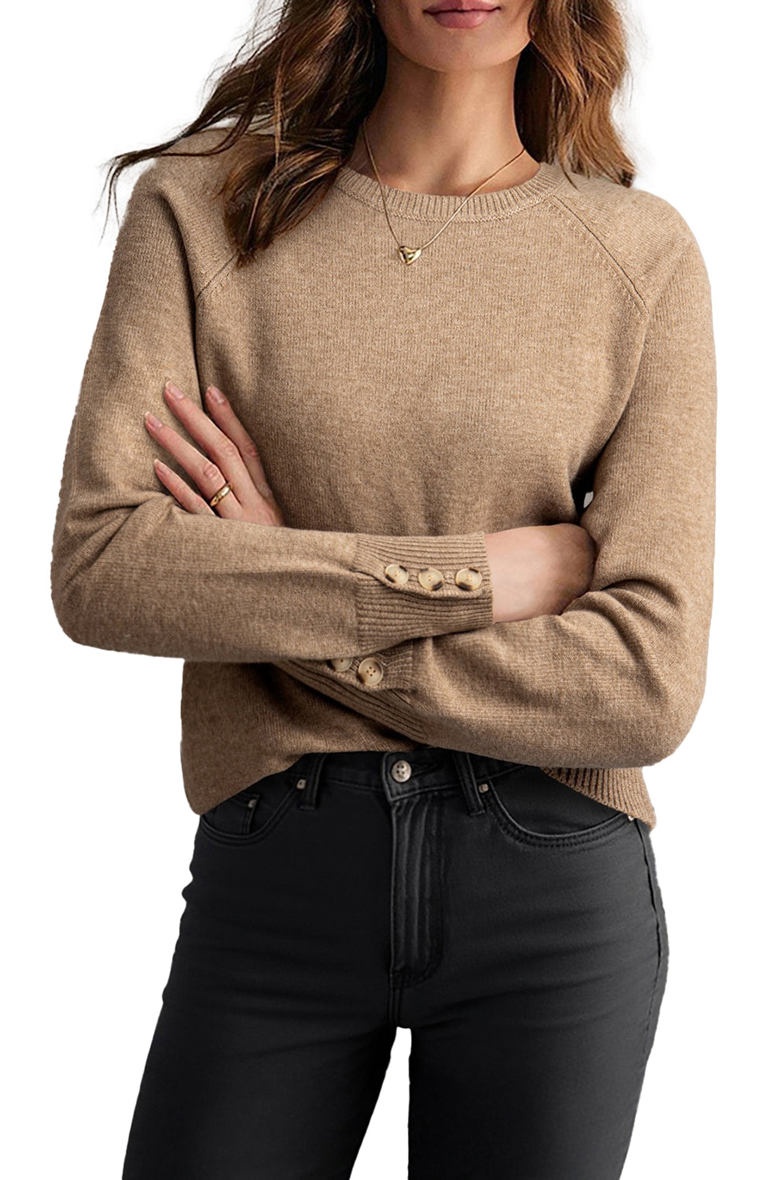 LuckeLadybug white bishop sleeve sweater in beige with stylish button details on sleeves