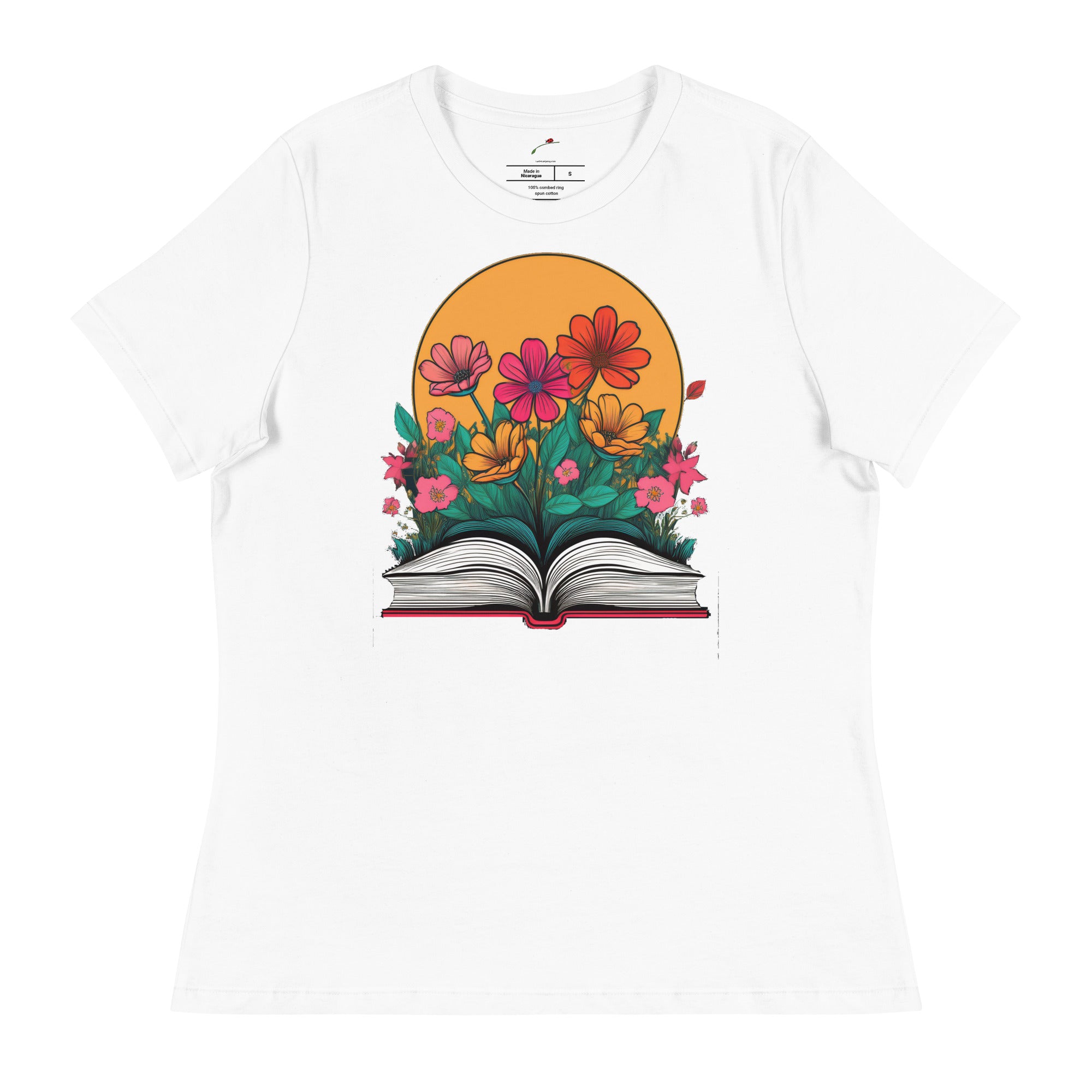 LuckeLadybug white book lover t-shirt for women with colorful flowers blooming from open book graphic