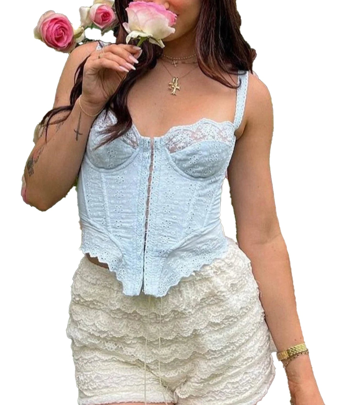 LuckeLadybug LLC white corset crop top for women with lace detailing and adjustable straps