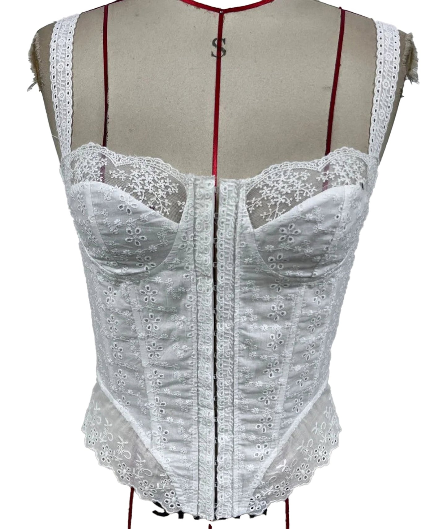 Elegant white corset crop top for women with floral embroidery and lace detailing by LuckeLadybug LLC