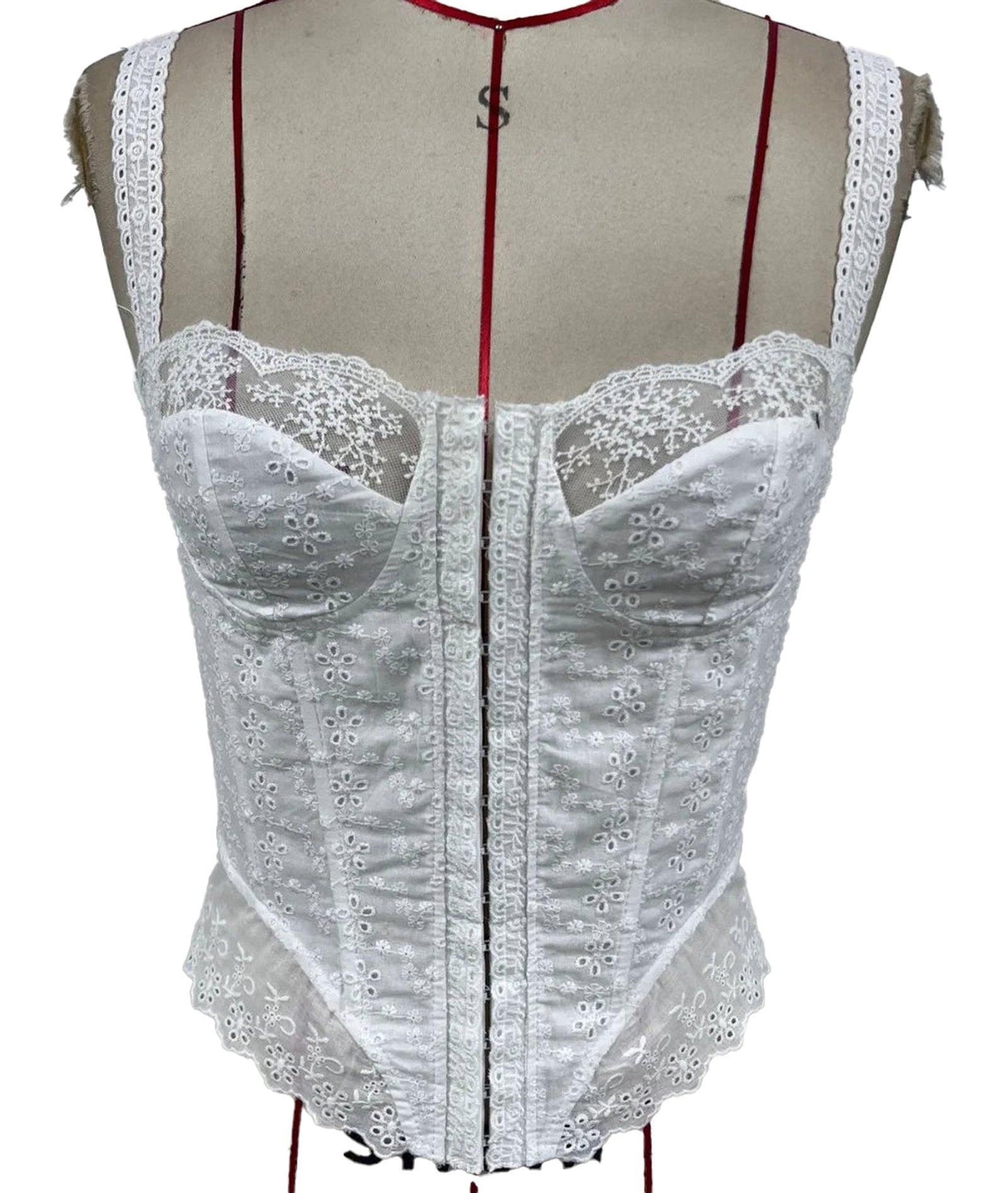 Elegant white corset crop top for women with floral embroidery and lace detailing by LuckeLadybug LLC