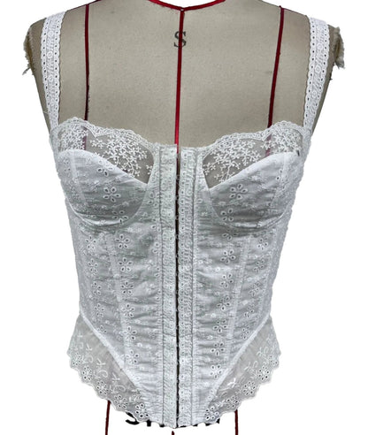 Elegant white corset crop top for women with floral embroidery and lace detailing by LuckeLadybug LLC