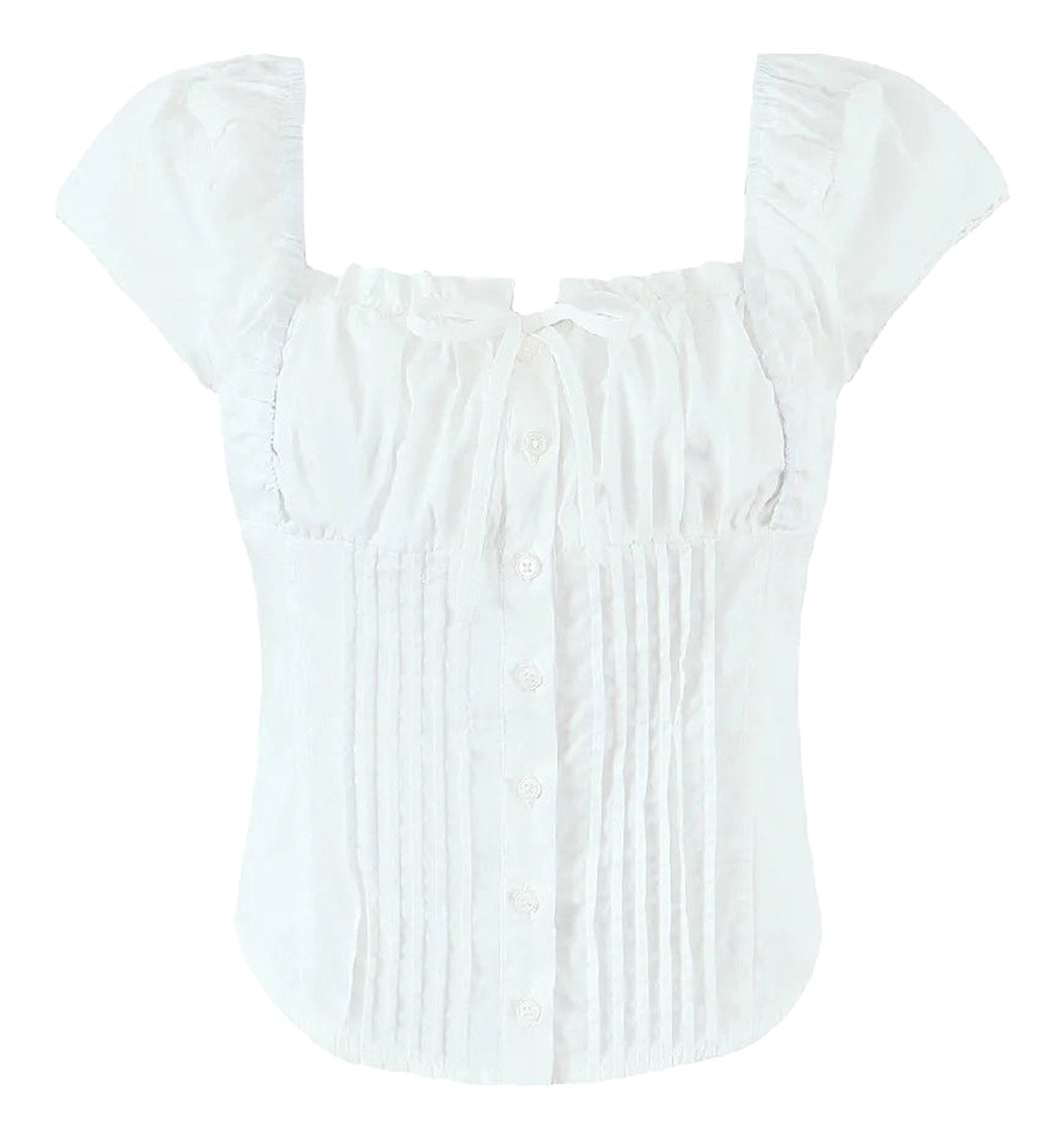 LuckeLadybug LLC White Corset Crop Top with Ruffled Sleeves and Button Front Design