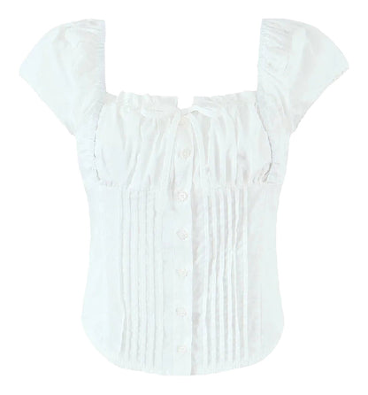 LuckeLadybug LLC White Corset Crop Top with Ruffled Sleeves and Button Front Design
