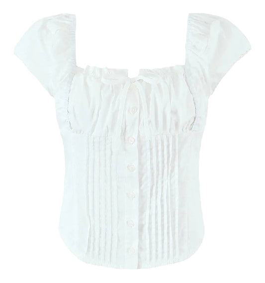 LuckeLadybug LLC White Corset Crop Top with Ruffled Sleeves and Button Front Design