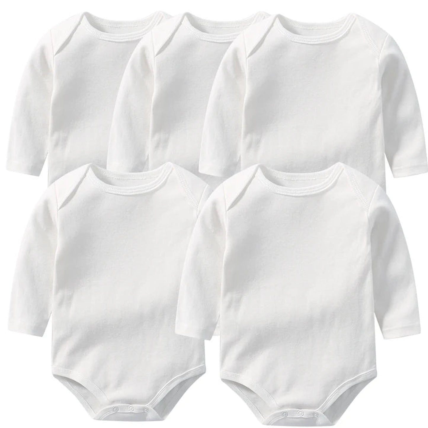 Set of five white cotton baby bodysuits with long sleeves for comfort and versatility