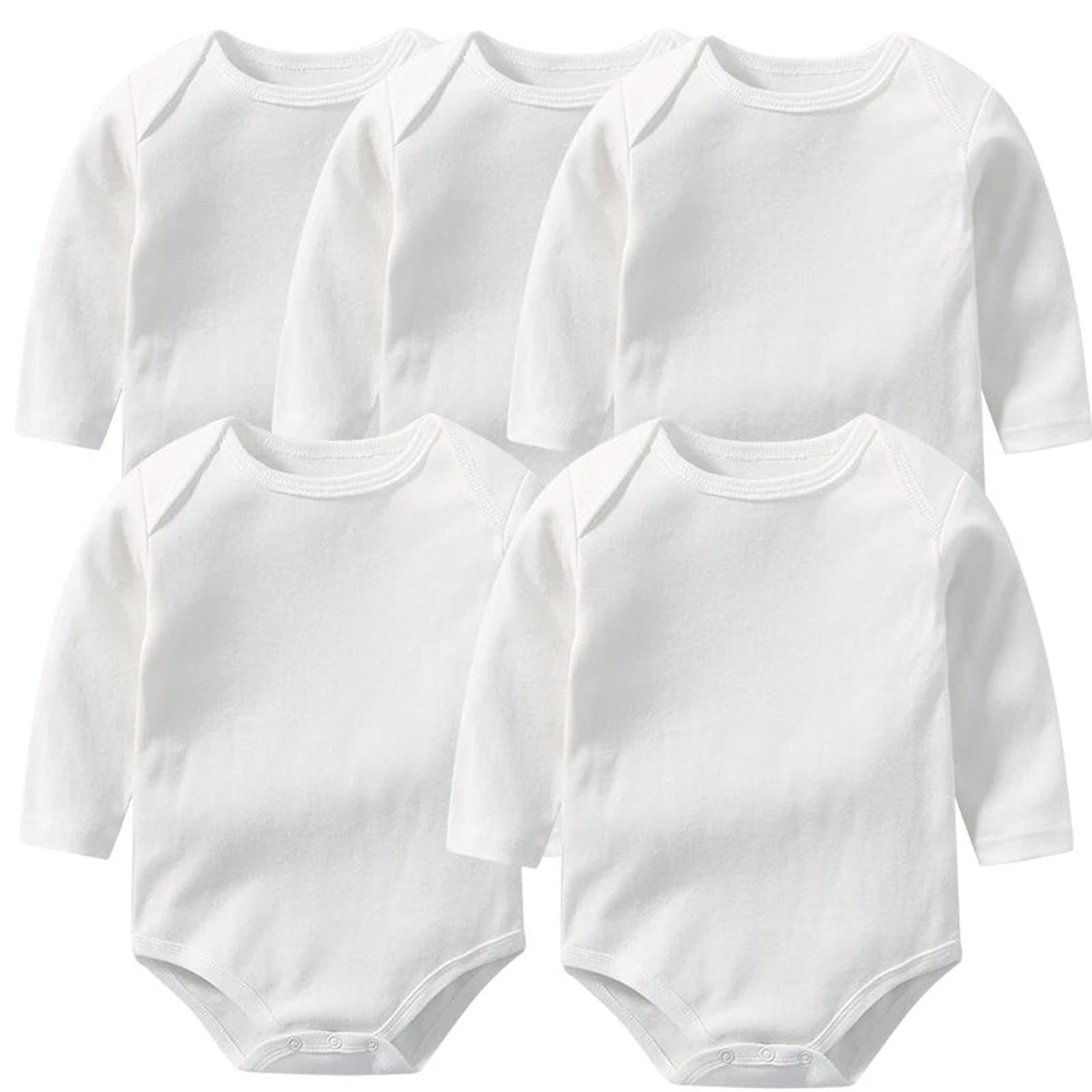 Set of five white cotton baby bodysuits with long sleeves for comfort and versatility
