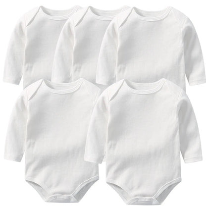 Set of five white cotton baby bodysuits with long sleeves for comfort and versatility