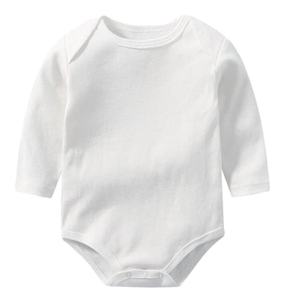 White cotton baby bodysuit with long sleeves for comfortable wear and easy dressing