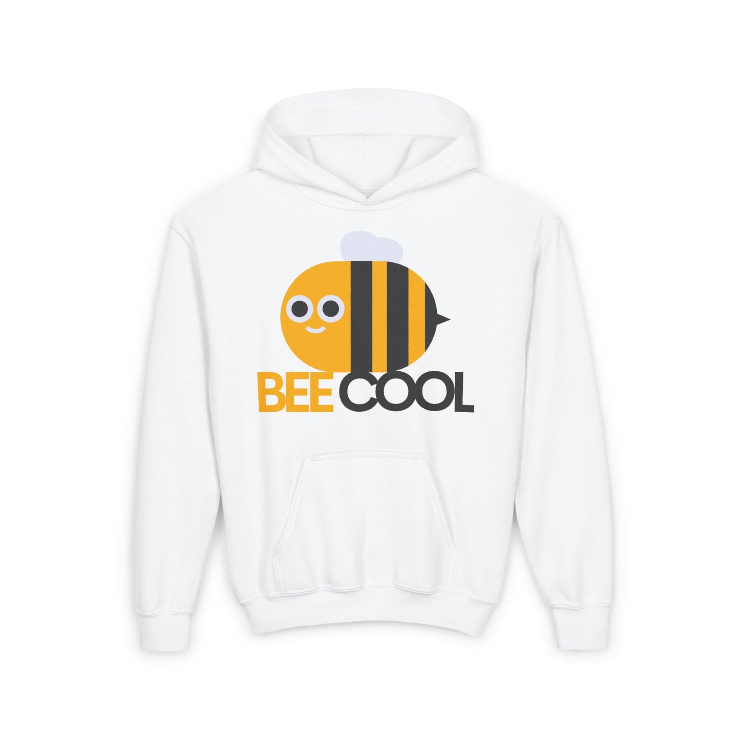 White cozy kids bee sweatshirt with bee graphic and BEE COOL text by LuckeLadybug