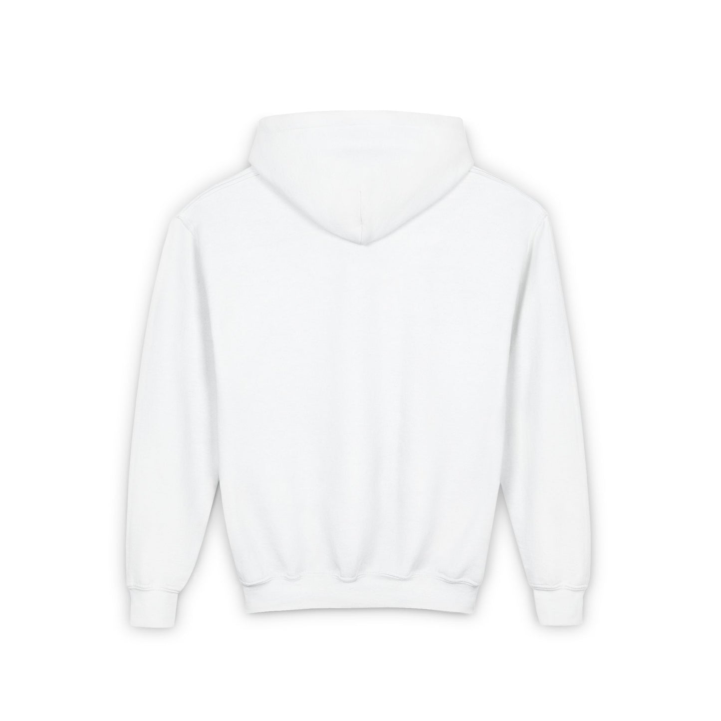 Back view of a plain white cozy kids bee sweatshirt with long sleeves and hood