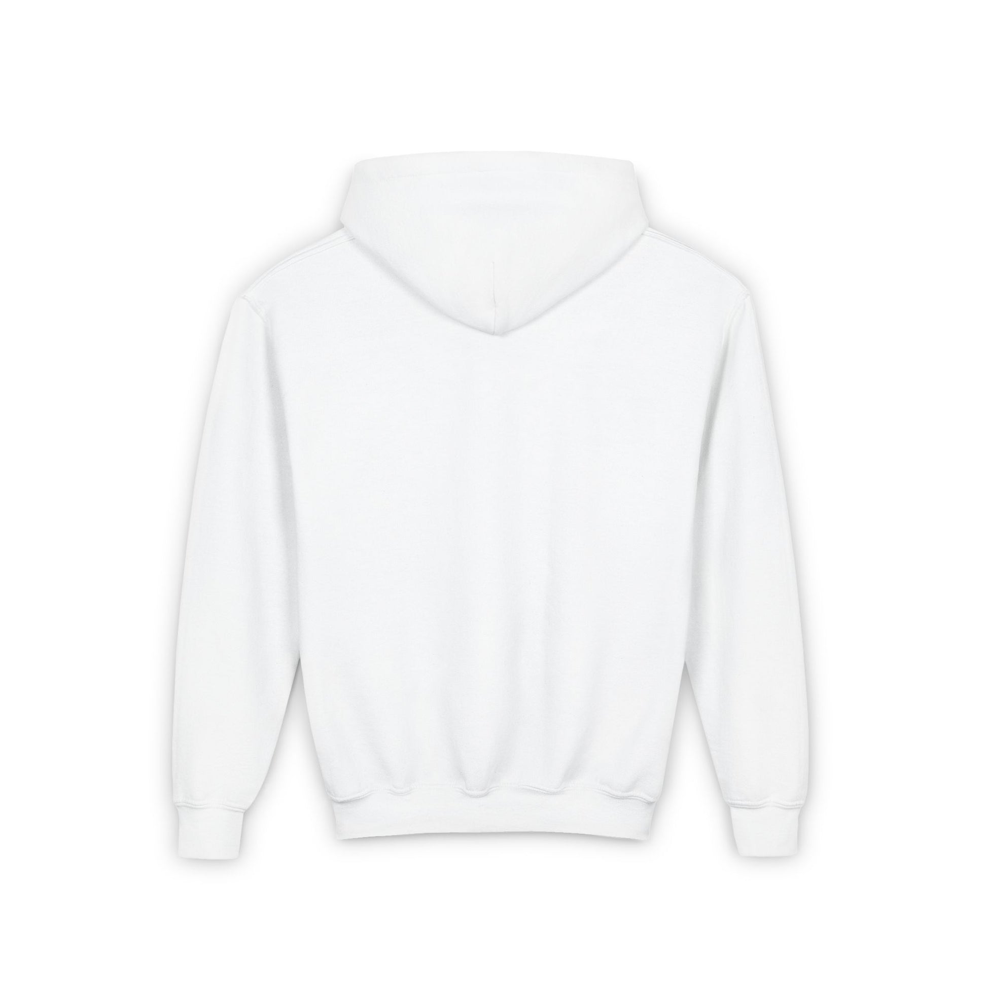 Back view of a plain white cozy kids bee sweatshirt with long sleeves and hood