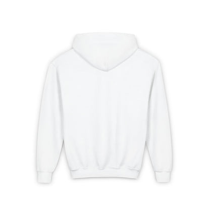 Back view of a plain white cozy kids bee sweatshirt with long sleeves and hood