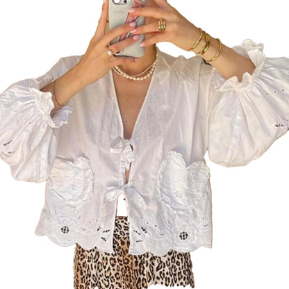 White Embroidered Puff Sleeve Blouse