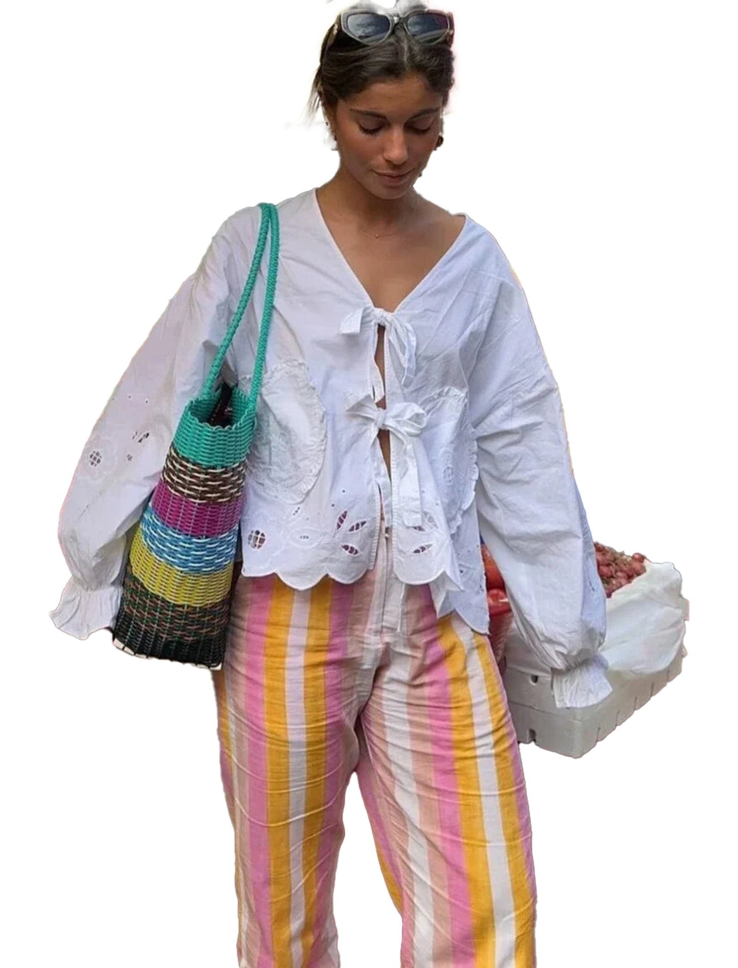 White Embroidered Puff Sleeve Blouse