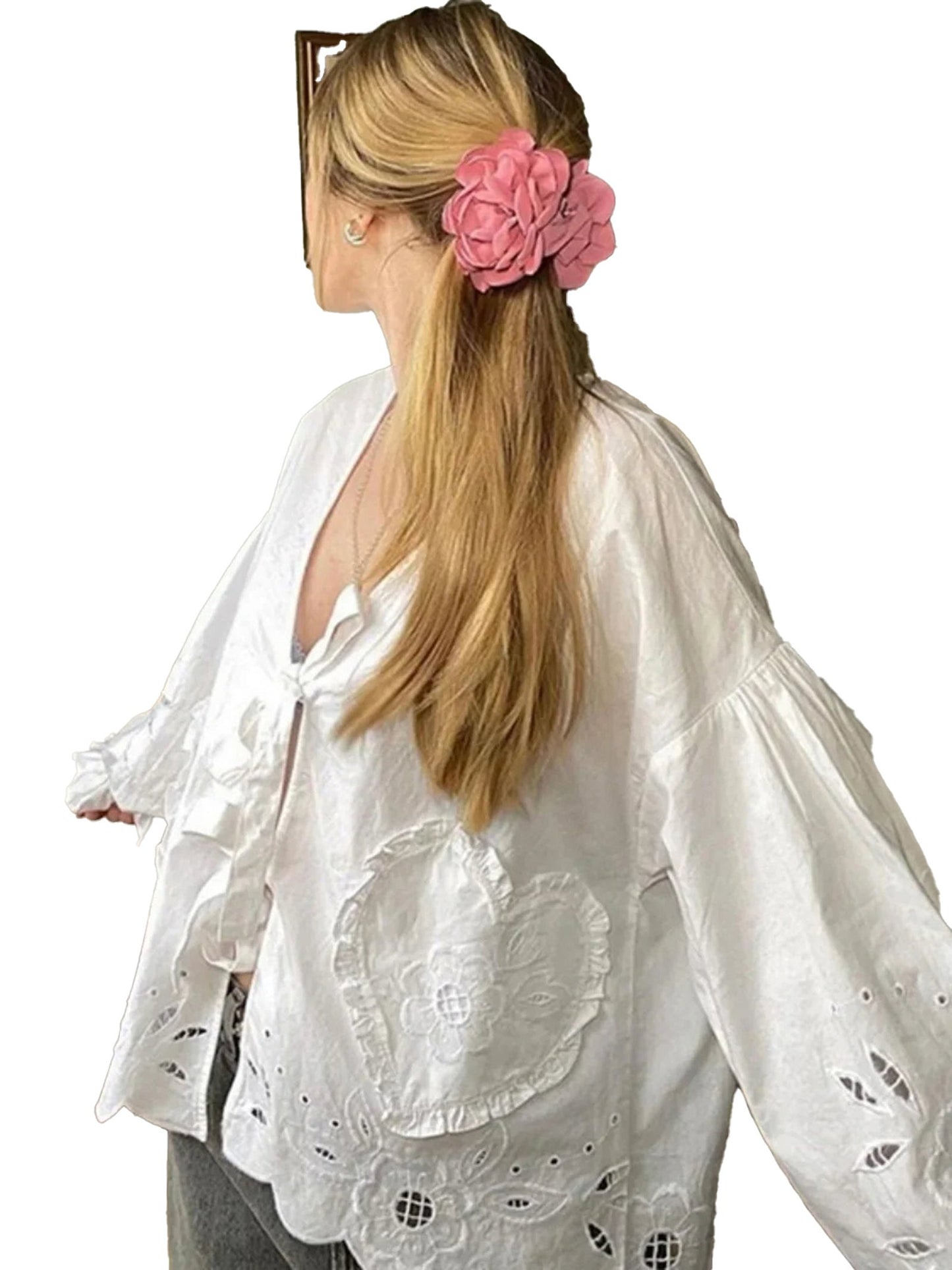 White Embroidered Puff Sleeve Blouse