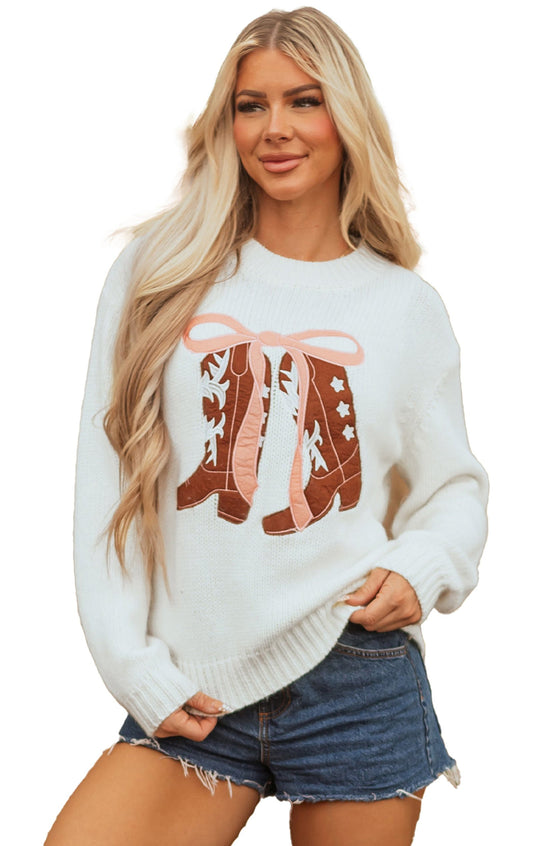 LuckeLadybug white embroidered sweater with boots graphic, featuring stylish design and a cozy fit.