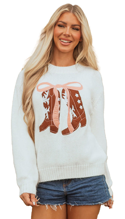 LuckeLadybug white embroidered sweater with boots graphic showcasing a cozy design and soft fabric