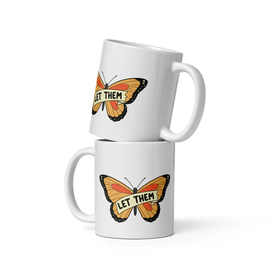 White glossy mug with butterfly design featuring orange butterfly and let them text by LuckeLadybug