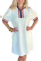 Chic white jacquard mini dress with puff sleeves and colorful collar details from LuckeLadybug