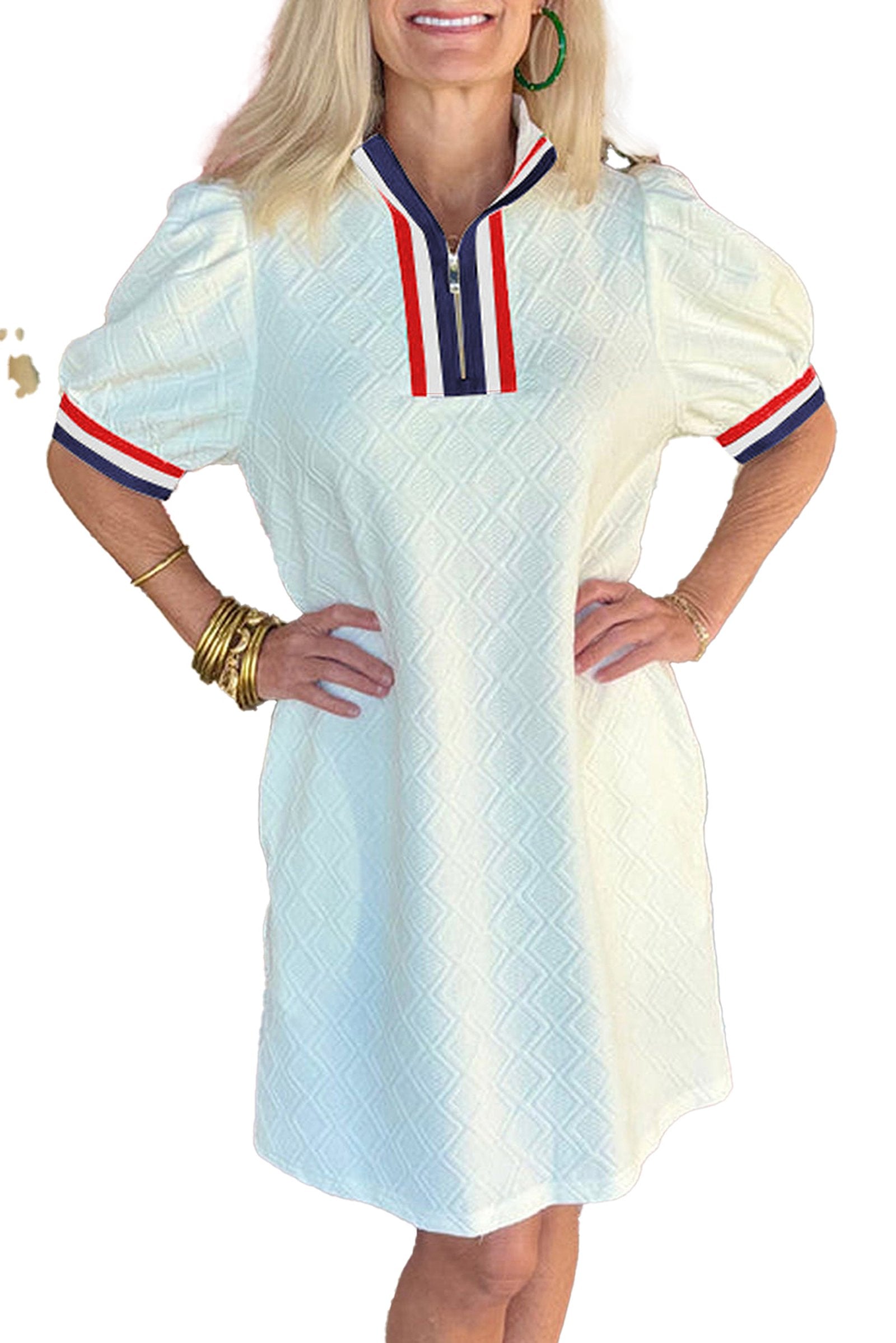 Chic white jacquard mini dress with puff sleeves and colorful collar details from LuckeLadybug