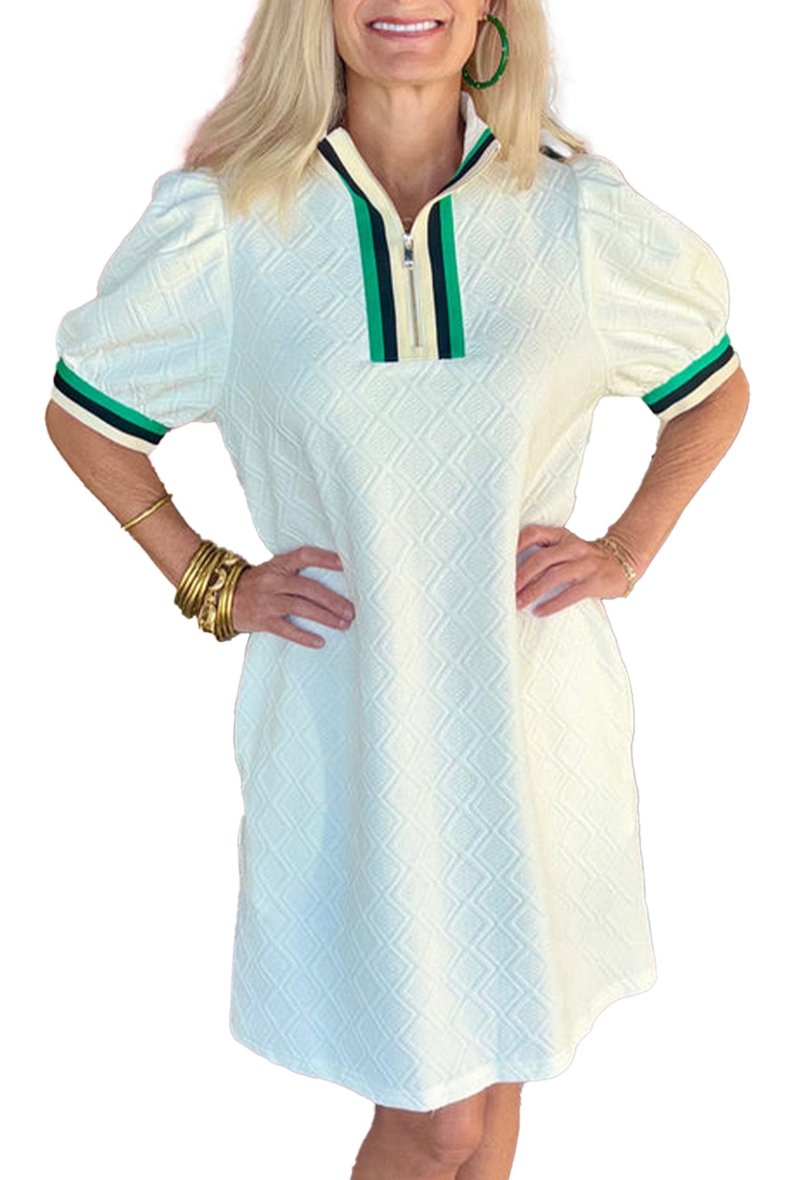 LuckeLadybug white jacquard mini dress with short puff sleeves and a zippered collar