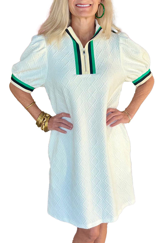 LuckeLadybug white jacquard mini dress with short puff sleeves and a zippered collar