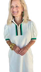 Elegant white jacquard mini dress with zip collar and puff sleeves for a stylish summer look