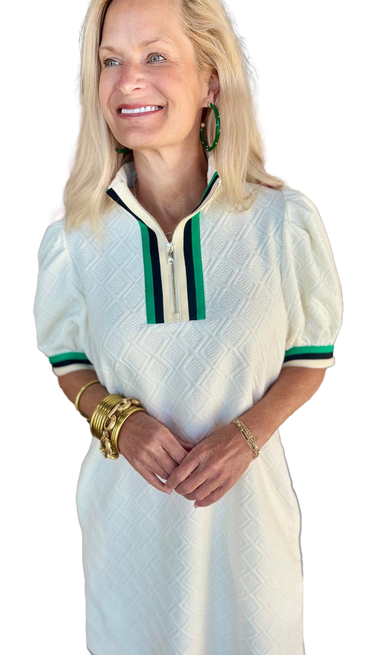 Elegant white jacquard mini dress with zip collar and puff sleeves for a stylish summer look