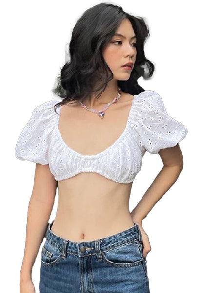 Stylish white puff sleeve crop top from LuckeLadybug LLC, perfect for a trendy summer outfit