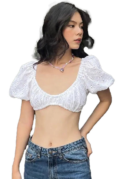 Stylish white puff sleeve crop top by LuckeLadybug LLC, featuring a trendy design for casual wear