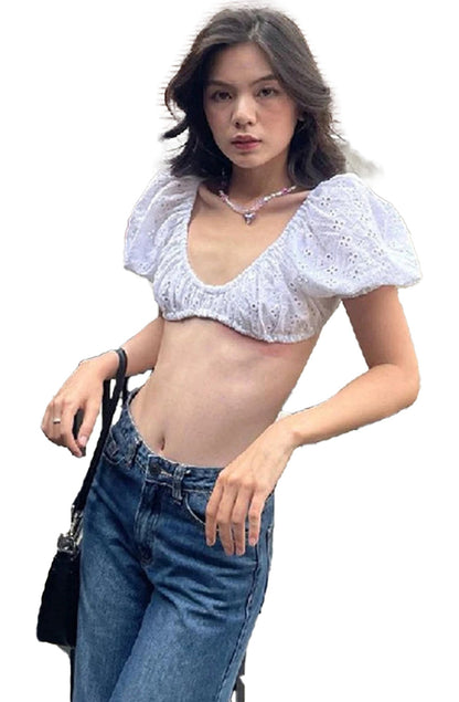 White puff sleeve crop top from LuckeLadybug LLC with a stylish design and summer appeal