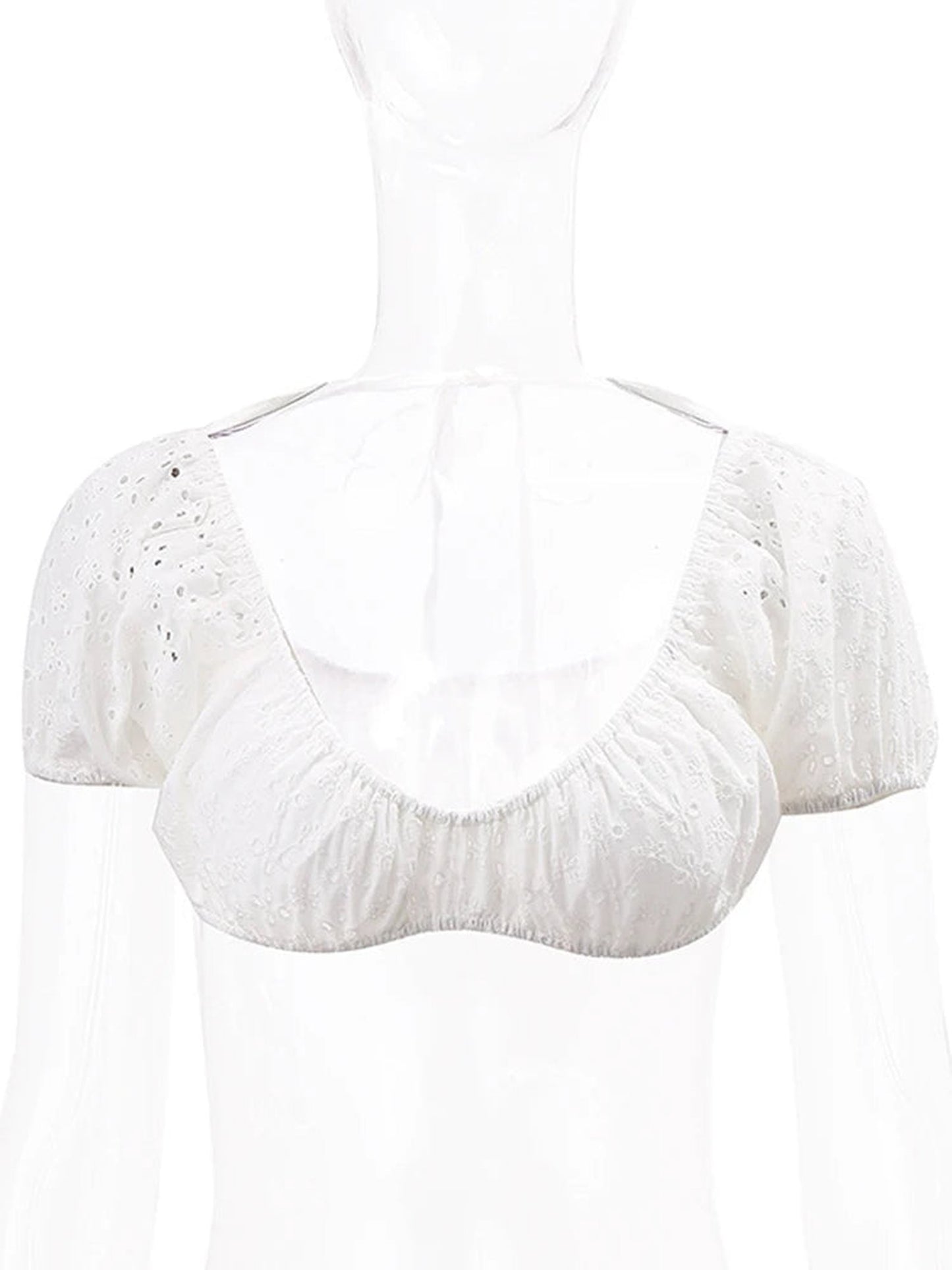 Stylish white puff sleeve crop top with delicate eyelet detailing for a trendy summer look