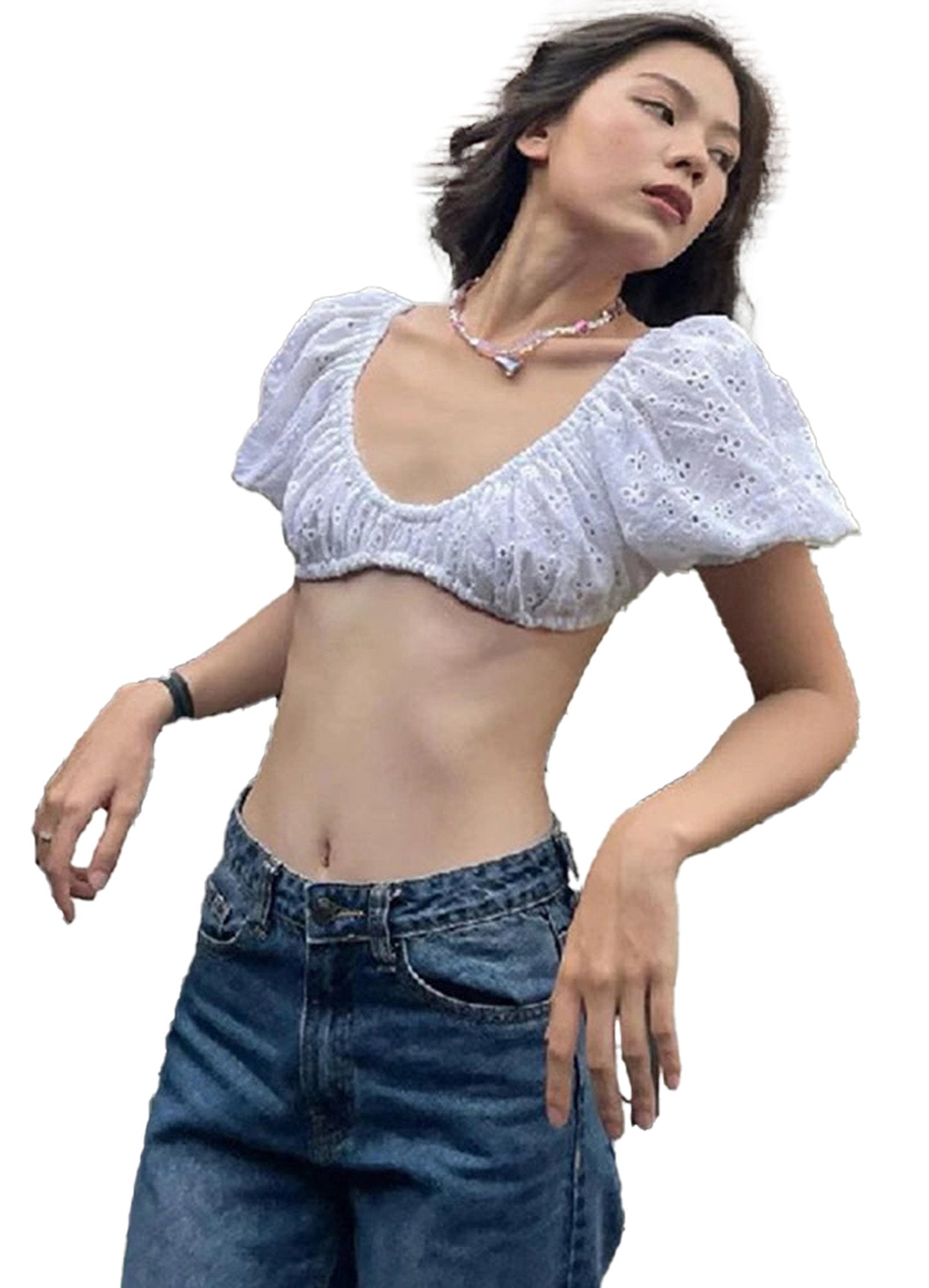 Stylish white puff sleeve crop top featuring a trendy design, perfect for summer outfits