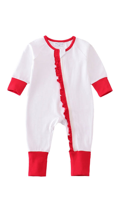 Adorable White Ruffle Zip Girl Pajama Romper For Stylish Babies And Toddlers! - LuckeLadybug LLC