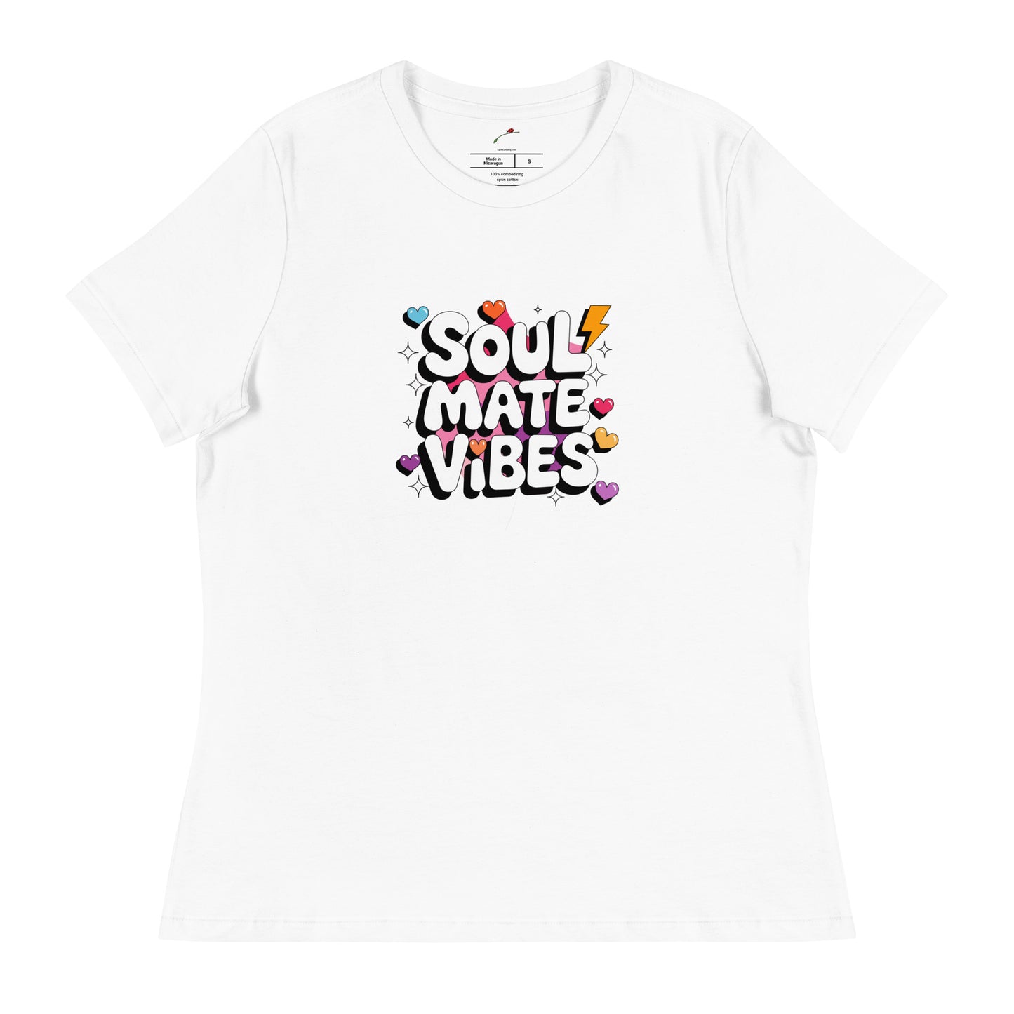 Printful white soul mate vibes t-shirt with colorful heart and lightning bolt graphic design