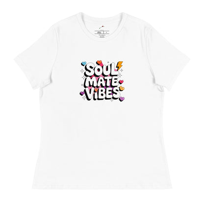 Printful white soul mate vibes t-shirt with colorful heart and lightning bolt graphic design