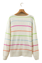 White v neck striped sweater with colorful stripes in pink, blue, and green for a stylish look