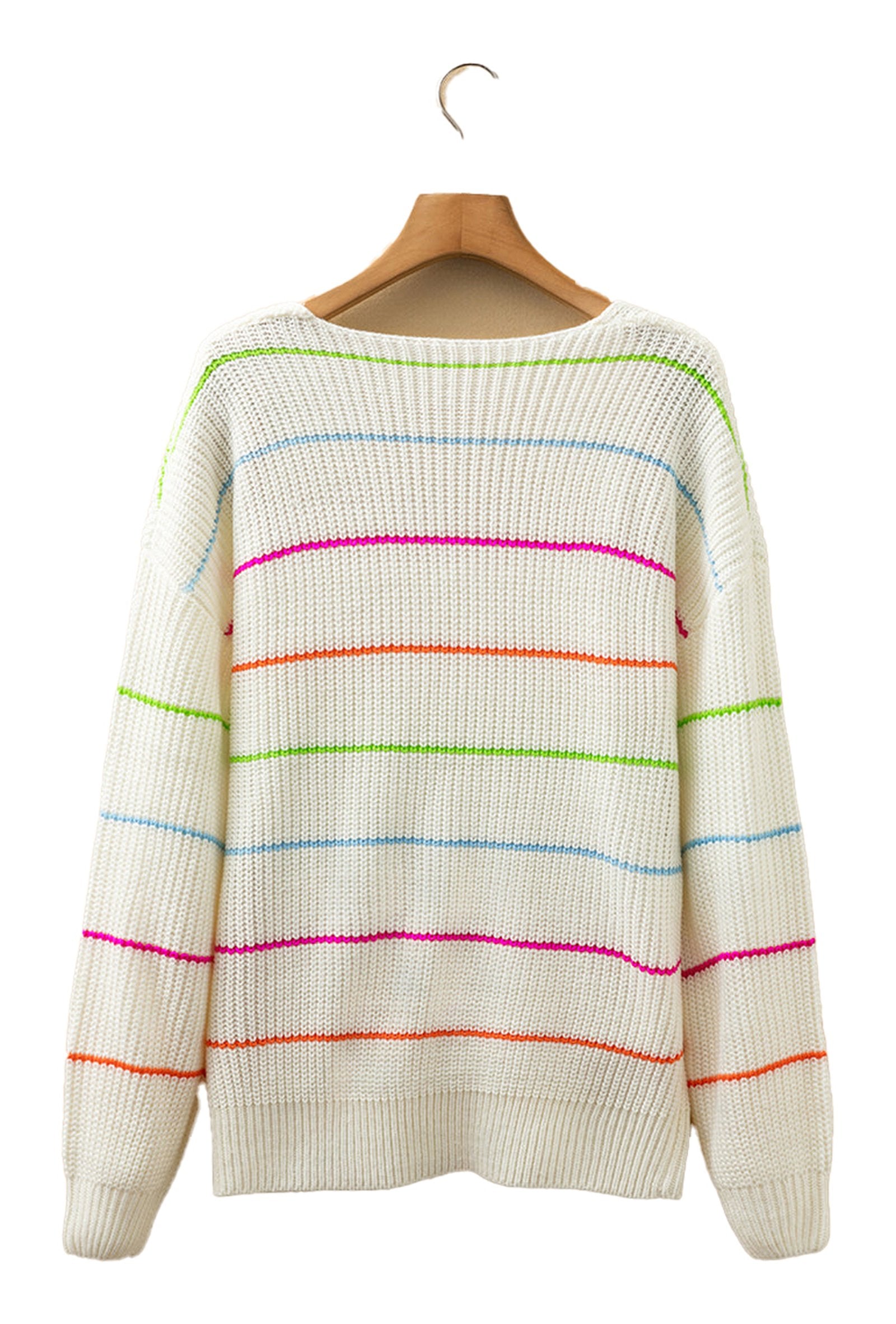 White v neck striped sweater with colorful stripes in pink, blue, and green for a stylish look