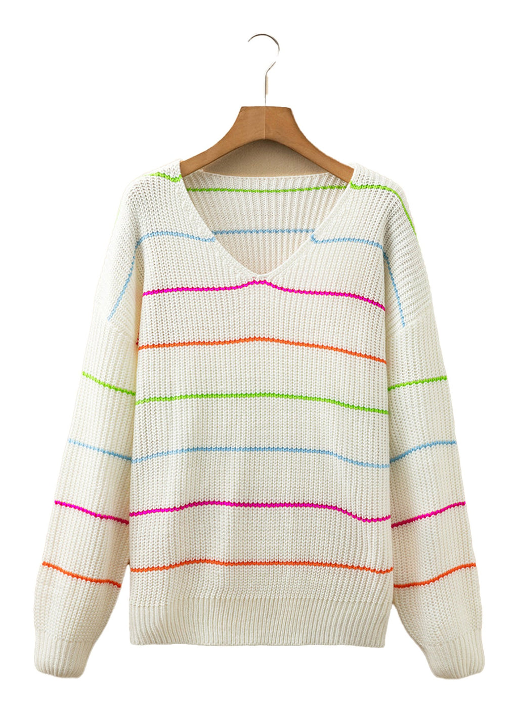 LuckeLadybug LLC white v neck striped sweater with colorful horizontal stripes and a cozy fit