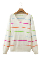LuckeLadybug LLC white v neck striped sweater with colorful horizontal stripes and a cozy fit