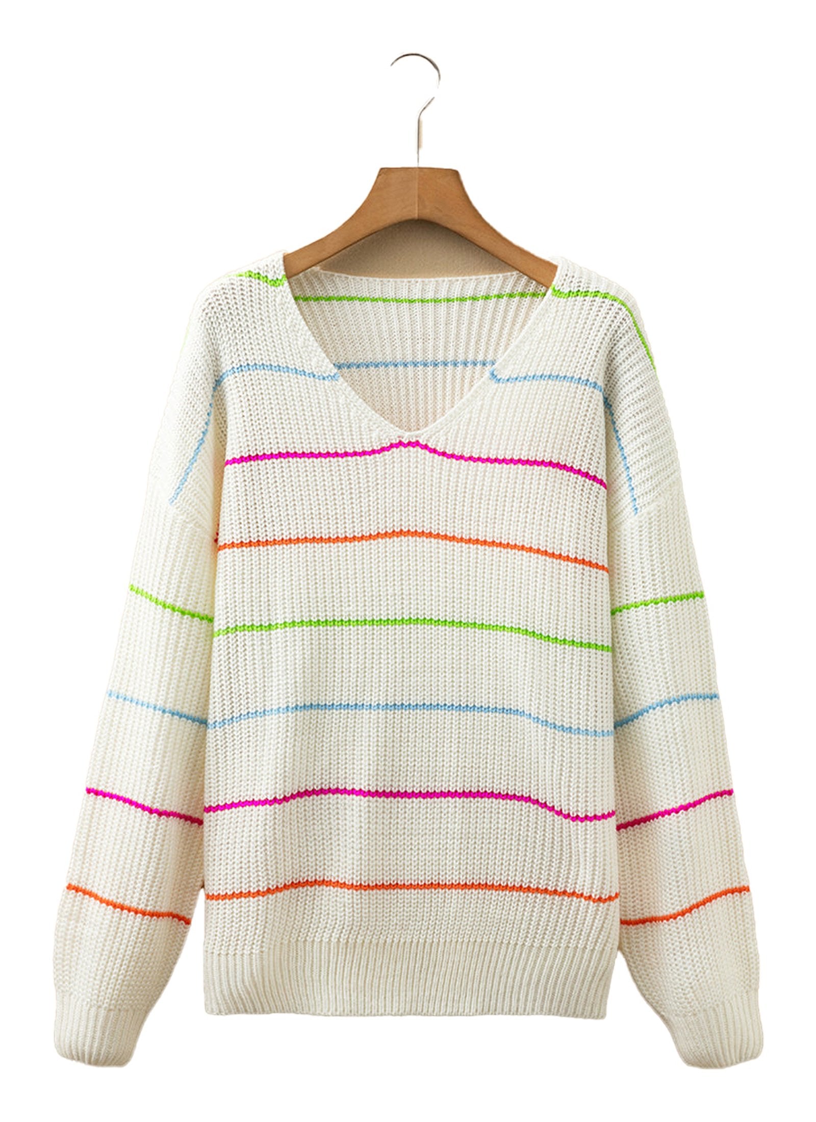 LuckeLadybug LLC white v neck striped sweater with colorful horizontal stripes and a cozy fit