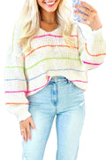 White v neck striped sweater with colorful stripes, perfect for casual outfits