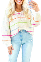White v neck striped sweater with colorful stripes, perfect for casual outfits