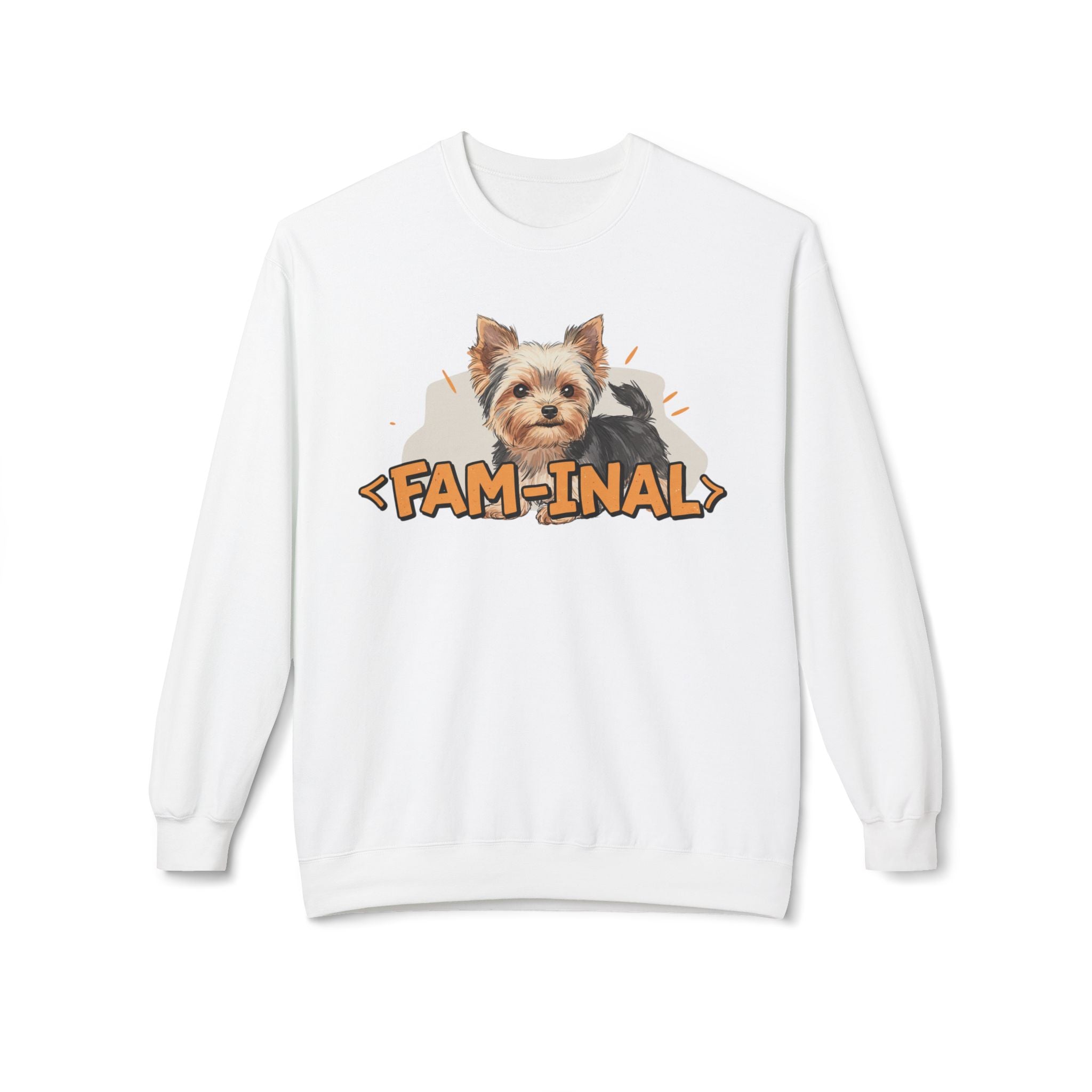 White sweatshirt featuring a cute Yorkie dog and fam-inal text design Yorkie dog lover sweatshirt