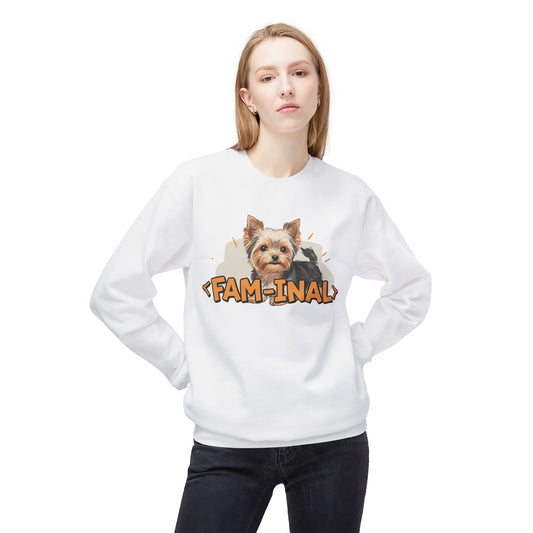 LuckeLadybug white Yorkie dog lover sweatshirt with cute Yorkie and fam-inal text design